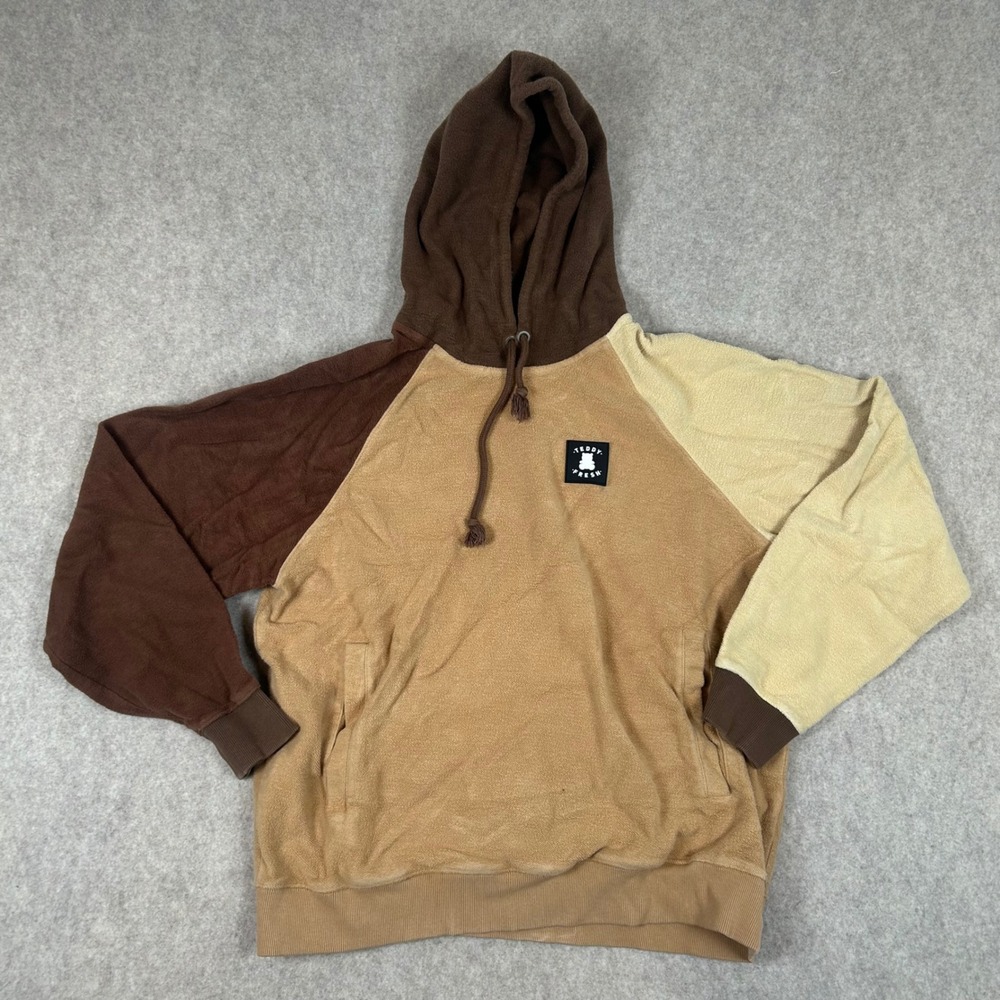 Teddy Fresh Hoodie Mens Large Brown Colorblock Terry Cloth Pullover Sweatshirt